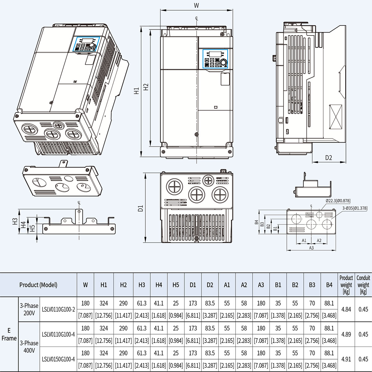 Kích thước lắp tủ biến tần LS G100 Series