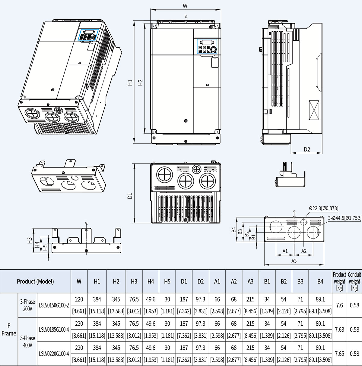 Kích thước lắp tủ biến tần LS G100 Series