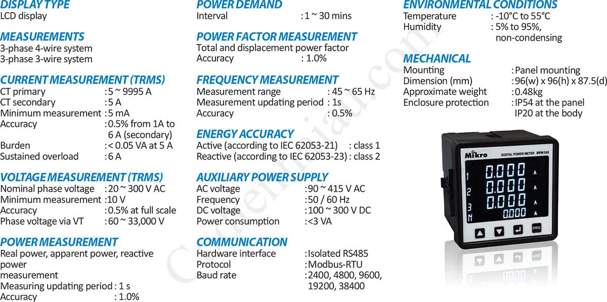 Thông số kỹ thuật Đồng hồ đo công suất đa năng Mikro DPM380 Series