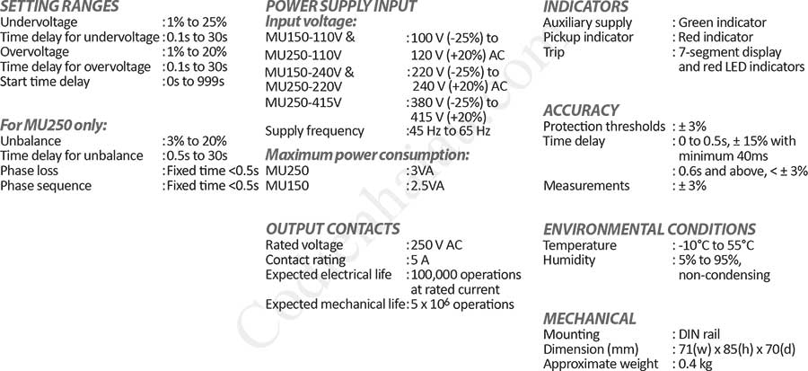 Thông số kỹ thuật Rơ le bảo vệ điện áp Mikro MU250