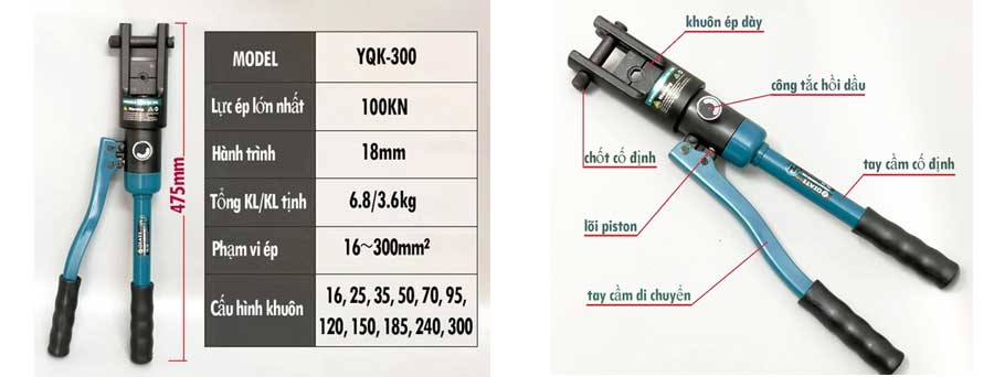 Kìm bấm cos thủy lực YQK-300 (10-300m2)
